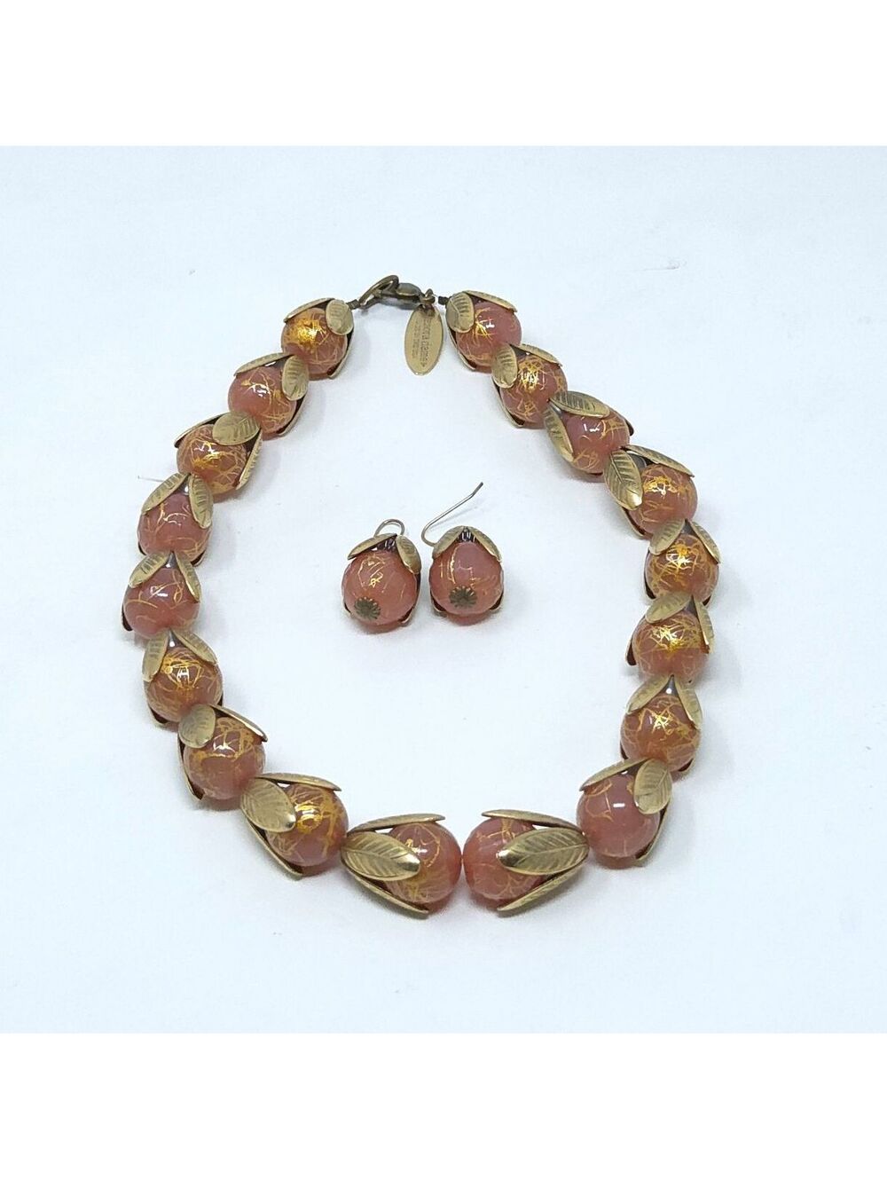 Lenora Dame Gold Foiled Strand Necklace & Earrings w Gold Splattered Beads 18"